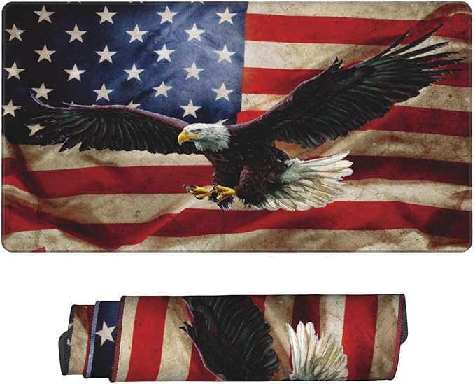 EOBTAIN Gaming Large Mouse Pad Vintage American Flag Desk Mat for Keyboard and Computer 31.5x15.7 Inch Non-Slip Rubber USA Bald Eagles XXL Mousepad with Stitched Edges for Office Laptop and Home