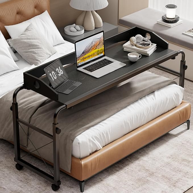 BYMECOST Laptop Desk for Bed, Adjustable Height & Length Laptop Bed Table,Overbed Table with Wheels for Queen Size Beds,Rolling Standing Desk,Over Bed Desk for Working Reading Eating