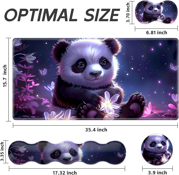Gaming Mouse Pad Set, Cute Panda Large Desk Mat Mousepad, Keyboard Wrist Support, Mouse Wrist Rest, Coaster 4in1 Ergonomic Memory Foam, Non-Slip Stitched Edge for Home Office