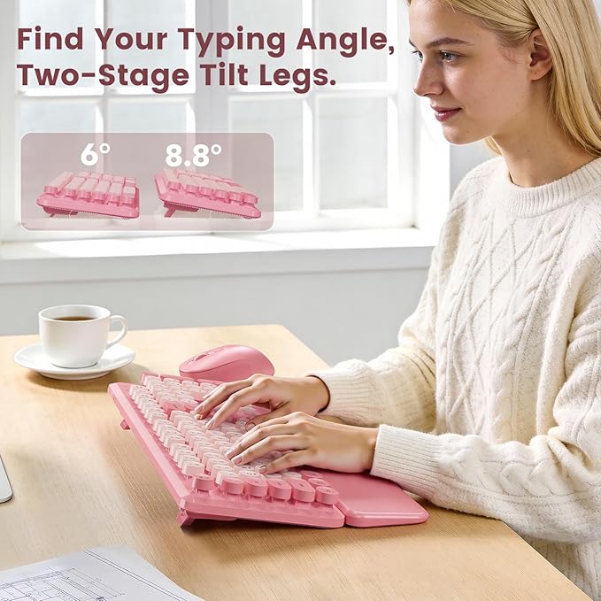 Wireless Keyboard and Mouse Combo with Magnetic Wrist Rest & Round Keycaps, Full-Size Retro Typewriter-Style, Adjustable Tilt Legs, Auto-Sleep, 2.4G Wireless for Windows Mac Laptop PC - Bubblegum Pink
