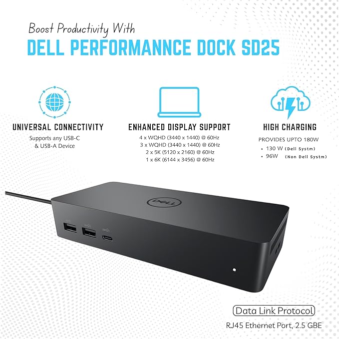 Dell Pro Smart Dock SD25-3 Year Warranty - 10Gbps, Supports Dual/Triple Monitors & 4K Displays with 180W Power Supply, HDMI, DisplayPort, USB C Cable, Cloth - Docking Station