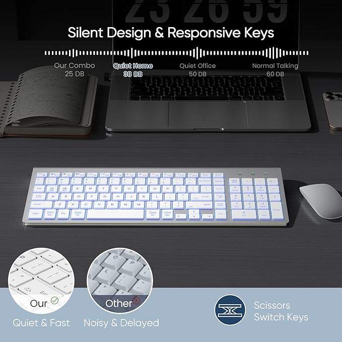 SABLUTE Wireless Keyboard with 7 Colored Backlits, Rechargeable Silent Compact Cordless Computer Keyboard with Low Profile Quiet Light Up Keys for Windows, PC, Linux, Chrome, Mac (Silver)