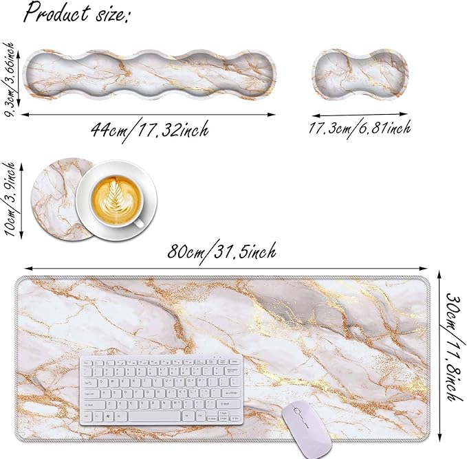 Keyboard Wrist Rest and Mouse Pad Wrist Support Set,Ergonomic Memory Foam Wrist Pad & Non Slip Base for Home Office Working Studying Easy Typing,Rose Gold Marble