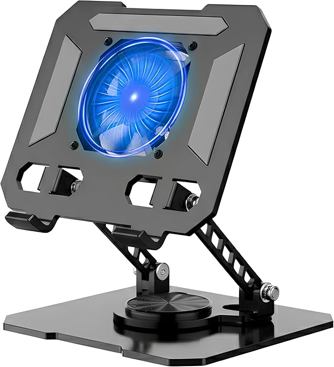 Black Laptop Cooling Stand with Turbo Fan, Adjustable Height & Angle, 360° Rotating Aluminum Notebook Riser for Up to 15.6” Laptops & Tablets (Best for 13” Lightweight Devices)