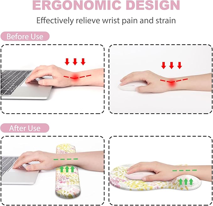 Ergonomic Mouse Pad with Wrist Rest and Keyboard Wrist Rest, Gel Mousepad and Wrist Rest for Computer Keyboard, Pain Relief, Non-Slip PU Base, Mouse Pad Wrist Support for Gaming, Pink Yellow Flowers