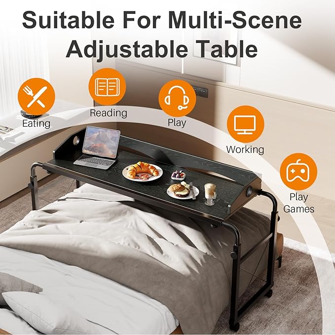 BYMECOST Laptop Desk for Bed, Adjustable Height & Length Laptop Bed Table,Overbed Table with Wheels for Queen Size Beds,Rolling Standing Desk,Over Bed Desk for Working Reading Eating