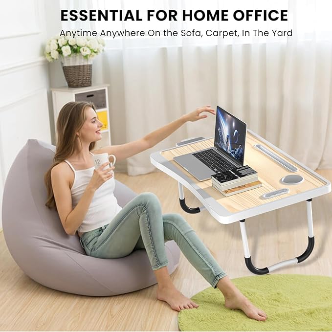 Laptop Bed Table with Storage & Cup Holder - Foldable Bed Table for Laptop, Portable Lap Desk Bed Tray for Breakfast in Bed, Writing, Reading, Working, Eating on Sofa or Floor