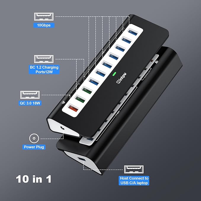 Powered USB Hub 10Gbps, 10 Port USB 3.2 Gen 2 Hub with 7 USB 3.2 Data Ports, 3 Fast Charging Ports, 36W Power Adapter, Type A and Type C Cable, Aluminum USB Data Hub for Mac, PC, Laptop