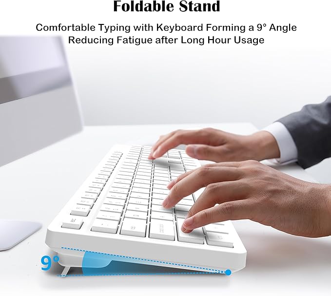 LeadsaiL White Wireless Keyboard and Mouse Combo, Full-Sized Ergonomic Computer Keyboard, 2.4GHz USB Cordless Keyboard Silent Mouse Set, 12 FN Shortcuts for Windows MacOS Laptop Computer