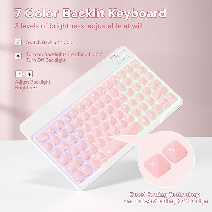 YBING Keyboard Case for iPad 11th Generation 2025 & 10th Generation 2022, 360 Rotating Magnetic Cover with 7-Color Backlit Wireless Detachable Keyboard with Pencil Holder for iPad A16 11" (Pink)