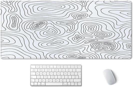 SSOIU White Topographic Desk Mat - Extended Gaming Mouse Pad (35.5x15.7 in), Large Non-Slip Rubber Base with Stitched Edges