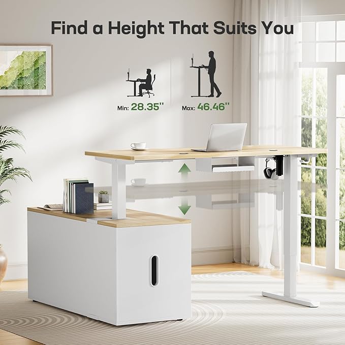 Marsail L-Shaped Executive Standing Desk with File Cabinet, 55" x 24" Electric Height Adjustable Stand up Desk, One-Whole Piece Desktop, Home Office Modern Computer Deskwith 4 Memory Presets
