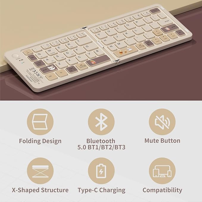 Foldable Bluetooth Keyboard with UV Printing Technology Rechargeable Keyboards,Compact Wireless Travel Keyboards for iPad, Smartphone, Tablet and Laptop - Z1 Milk Tea Colorful