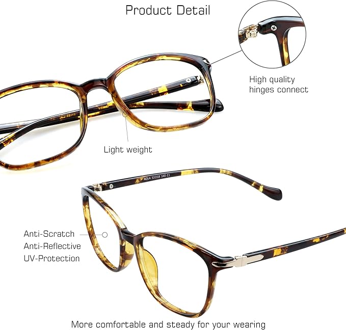 VisionGlobal Blue Light Blocking Glasses for Women/Men, Anti Eyestrain, Computer Reading, TV Glasses, Stylish Square Frame, Anti Glare(Tortoise,No Magnification)
