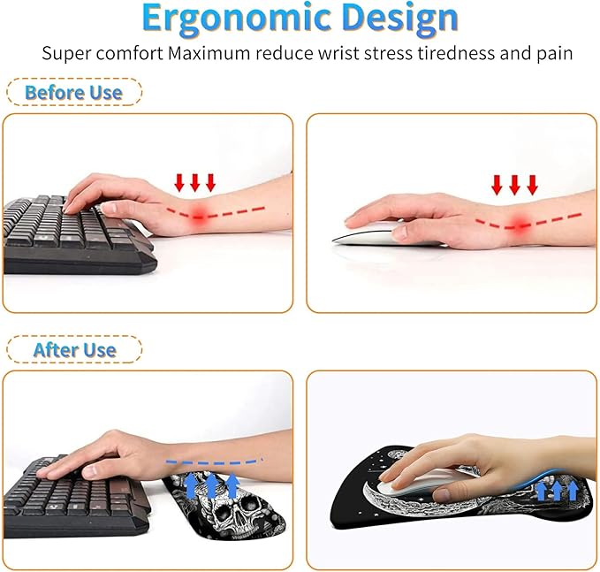 Ergonomic Mouse Pad with Wrist Support Gel Mouse Pads and Upgrade Keyboard Wrist Rest Pad Set, Coasters Non-Slip PU Base Mouse Mat for Office Gaming Computer Laptop Home, Skull Moon Butterfly