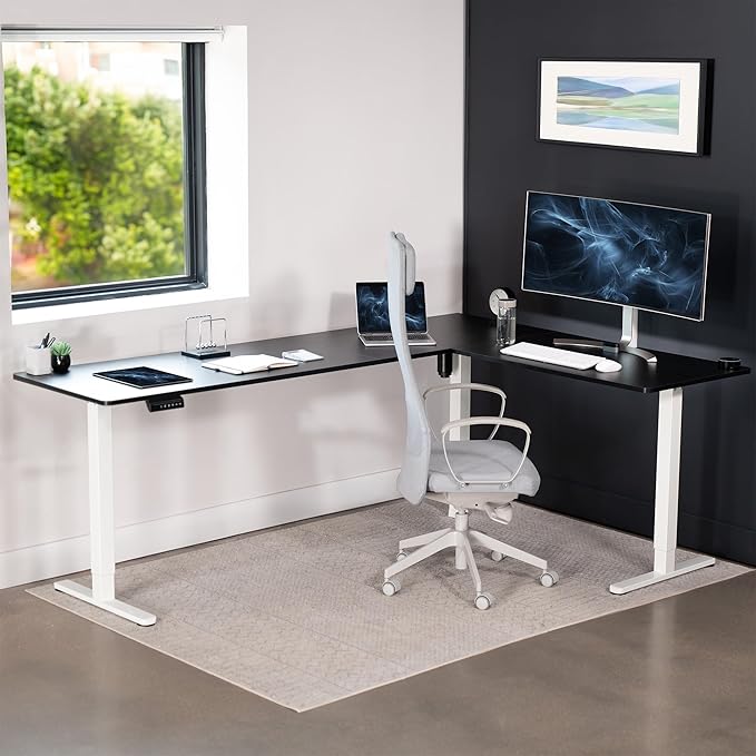 VIVO Corner Standing Desk, 84 x 63 inch Reversible L-Shaped Workstation, Electric Height Adjustment, Home, Office, and Reception Rooms, Black Table Top White Frame, DESK-E3CTWB-84