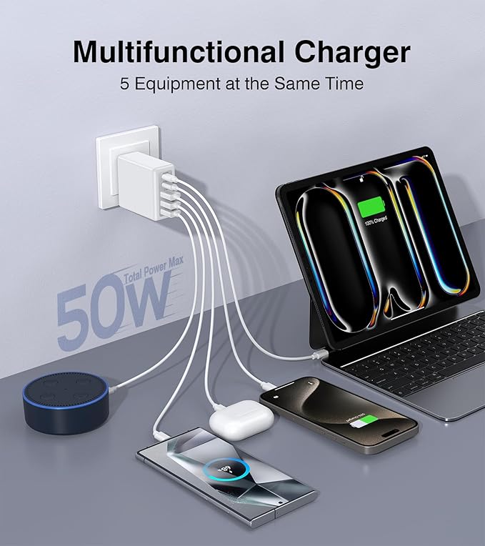 [2-Pack] 50W USB C Wall Charger Block,5-Port Type C Fast Charging Brick Cube Dual PD Power Adapter&QC Multiport Wall Plug Adapter for iPhone 16 15 Pro Max,AirPods 4,iPad,Samsung,Watch10,Ultra2