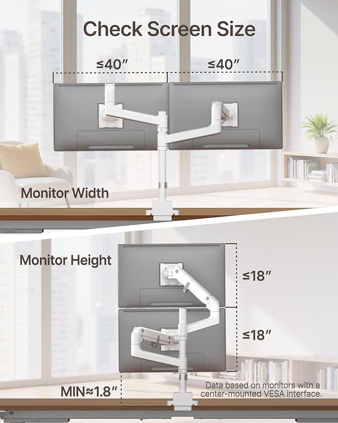 monTEK 17-57 Inch Dual Ultrawide Monitor Arm for Up to 59.4lbs Screen, Aluminum Heavy-Duty Gas Spring Vertical Stackable Curved Screen Adjustable Monitor Stand,75/100mm Vesa Mount, White
