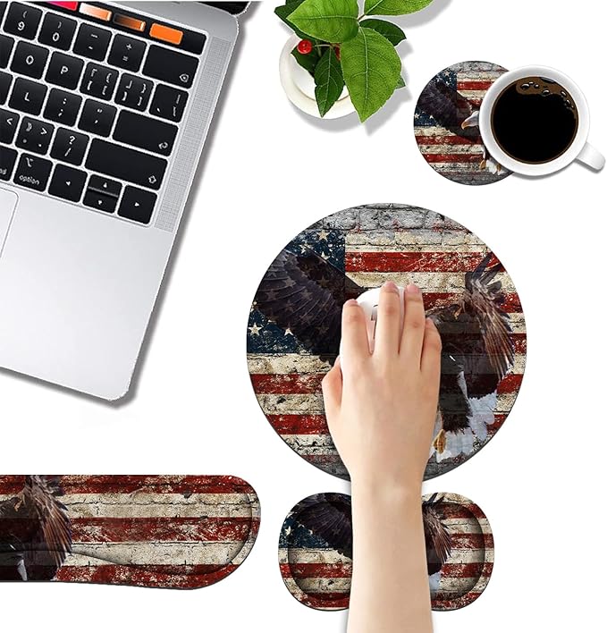 Keyboard Wrist Rest and Mouse Pad Wrist Rest Set with Coasters [4Pcs], Ergonomic Support, Non-Slip Rubber Base for Home OfficeEasy Typing & Pain Relief, Military Wall Graffiti USA Flag Eagle