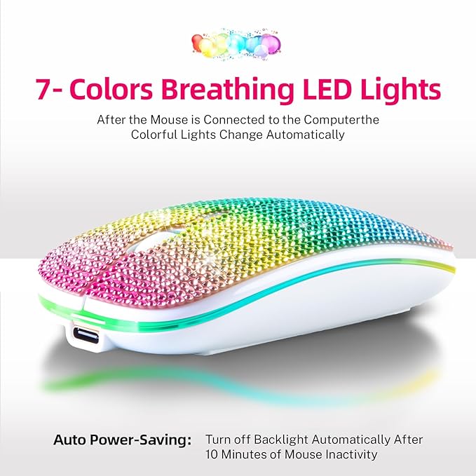 Bluetooth Mouse,Bling Dazzling 2.4GHz Rechargeable Wireless Mouse Slim with USB Receiver, Compatible with Notebook, PC, Laptop, Computer, MacBook,Great Gift idea for Her (Rainbow)