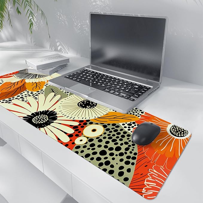 Boho Mid-Century Modern Floral Mouse Pad,XL Large Art Aesthetic Retro Abstract Flower Desk Mat,Summer Colorful Botanical Flower Mousepad for Home Office Dorm Desktop Decor,31.5x11.8 Inch