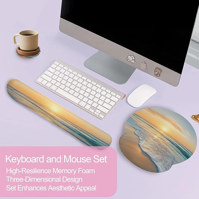 Beach Sunset Keyboard Wrist Rest Pad and Mouse Pad Wrist Support Set,3-in-1 Ergonomic Mouse Pad with Non-Slip Rubber Base for Home Office Game Computers Desk,