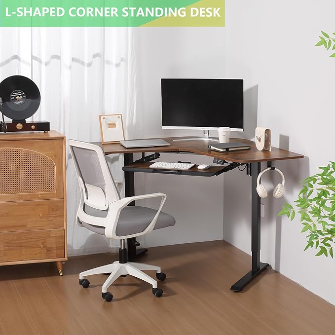 ETHU Electric L-Shape Standing Desk with Keyboard Tray, Height Adjustable 29-42 inches, Modern Style, Brown, For Home Office, Gaming, Work