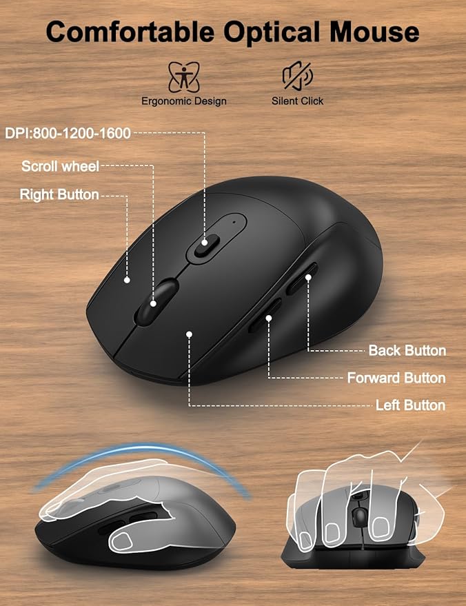 Ergonomic Wireless Keyboard and Mouse Combo, Wave Keys, Full Size Silent Keyboard with Soft Palm Rest, 3 Level DPI, 2.4G Cordless Computer Keyboard Mouse for PC, Laptop, Desktop, Windows & Mac OS