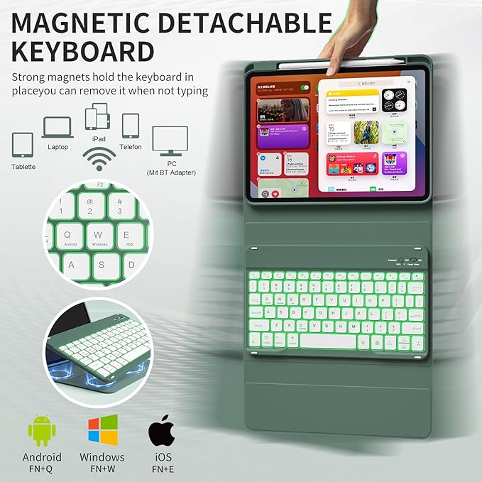 for iPad (A16) 11th Generation 2025 11-inch/10th Generation 2022 10.9 inch with Keyboard, 7 Colors Backlit Square Keycaps, Detachable Wireless Bluetooth Keyboard Case with Pencil Holder,DarkGreen