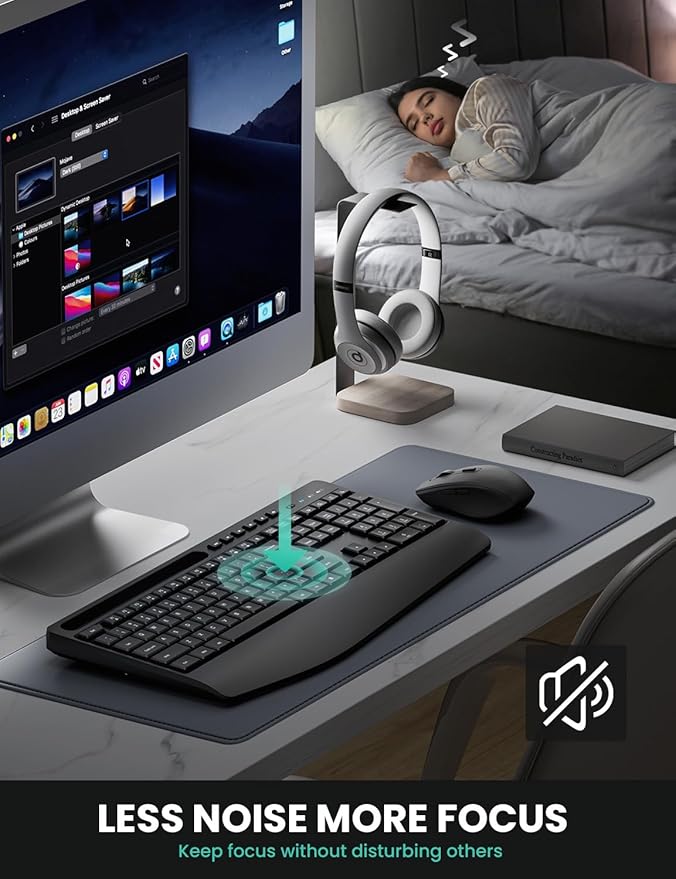 Ergonomic Wireless Keyboard and Mouse Combination, LIZRROT 2.4GHz Quiet Full Length Mouse and Keyboard, Wrist Stand, Phone Holder, Compatible with Windows, PC, Laptops
