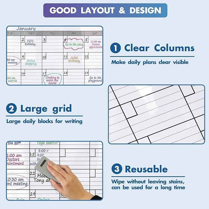 Dry Erase Monthly Extra Large White board Calendar for Wall, 25" by 38", Jumbo Laminated Erasable One Month Whiteboard Calendar, Huge Oversized Blank 30-Day Poster with Lines and Squares