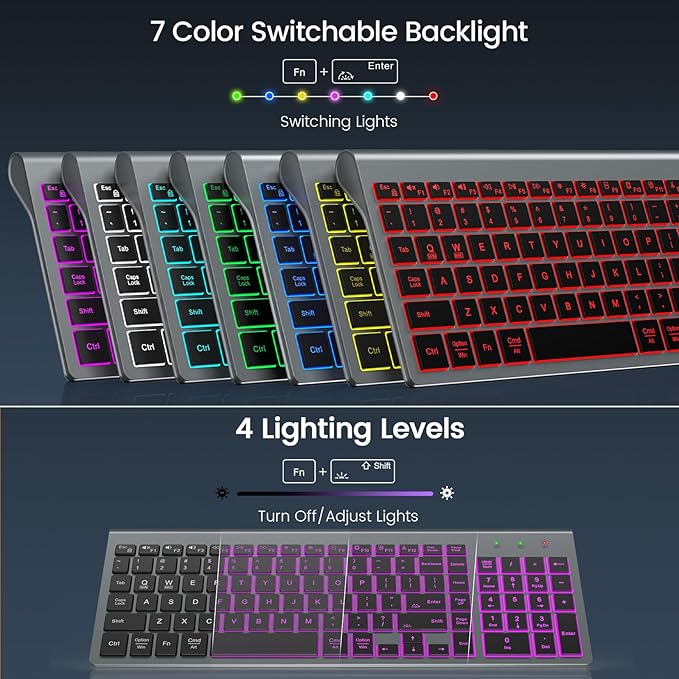 SABLUTE Wireless Keyboard with 7 Colored Backlits, Rechargeable Silent Compact Cordless Computer Keyboard with Low Profile Quiet Light Up Keys for Windows, PC, Linux, Chrome, Mac (Grey)