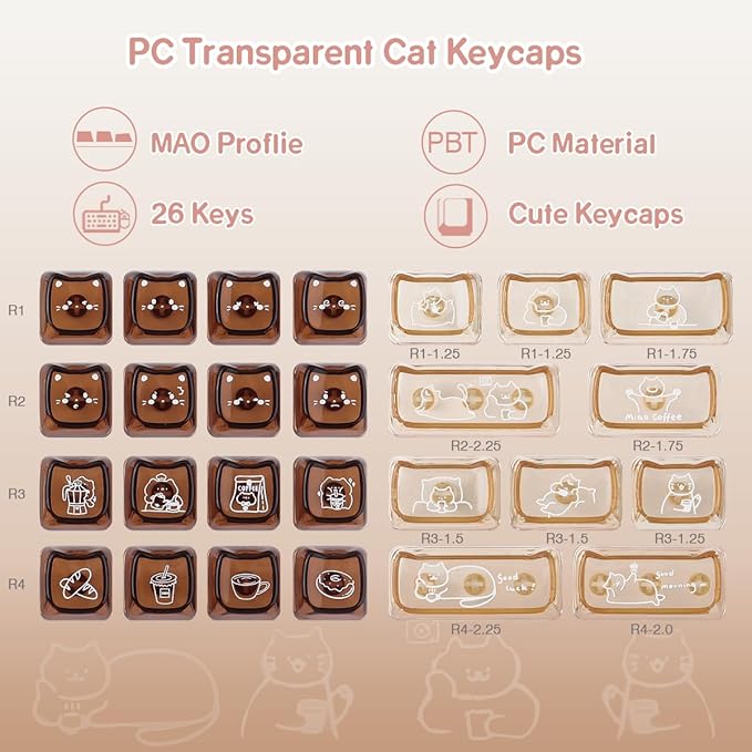 26 Keys Crystal Jelly Personalized Keycaps, PC Material Cute Coffee Cat Transparent Custom Keycaps, Mao Profile Keycap for DIY MX Swithes Mechanical Keyboards