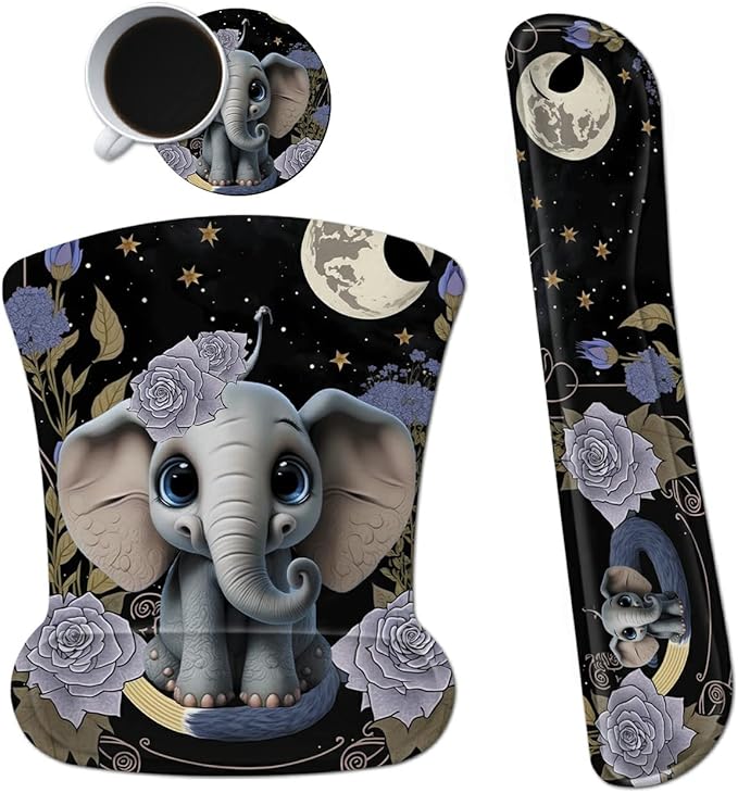 Ergonomic Mouse Pad with Wrist Support Gel Mouse Pads and Upgrade Keyboard Wrist Rest Pad Set, Coasters Non-Slip PU Base Mouse Mat for Office Gaming Computer Laptop Home, Flower Elephant