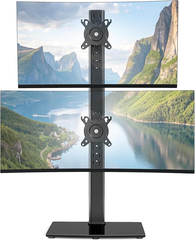 Vertical Dual Monitor Stand for 17–34 Inch Screens, Stacked Monitor Mount, Holds up to 33 lbs per Arm, Tabletop Screens Riser with Full Motion, 33.3" Pole 12 Height Settings, 75/100 VESA