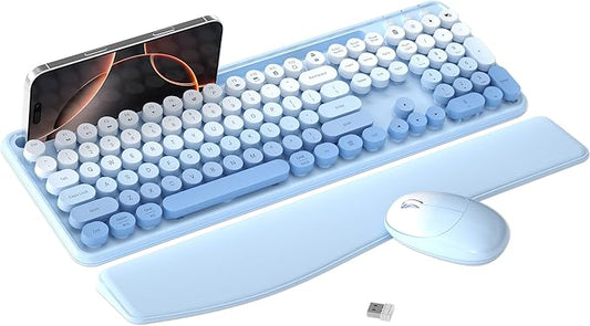 Colorful Wireless Computer Keyboard and Mouse Combo with Phone Holder, Wrist Rest, Typewriter Keys, 2.4GHz Wireless, Full-Sized Optical Mouse for PC and Laptop(Blue Colorful)