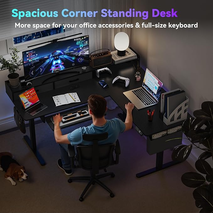 63 Inches Height Adjustable L Shaped Standing Desk with 2 Drawers and Keyboard Tray, Electric Sit to Stand Home Office Comupter Table, Ergonomic Corner Gaming Desk, Black