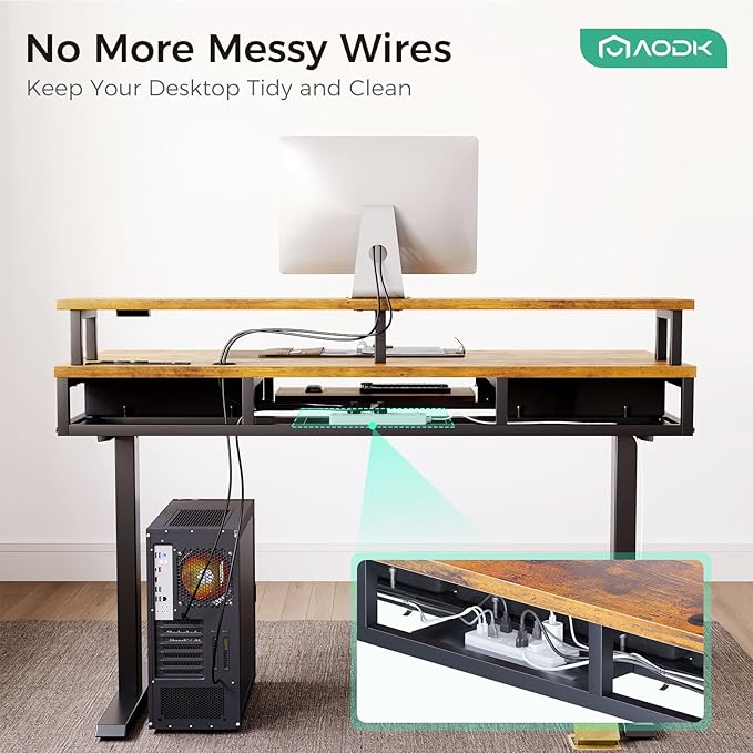 AODK Electric Standing Desk with Drawers & Keyboard Tray, 63 Inch Height Adjustable Gaming Desk with Power Outlets & LED Lights, Sit Stand Table with Monitor Stand for Home, Office, Rustic Brown