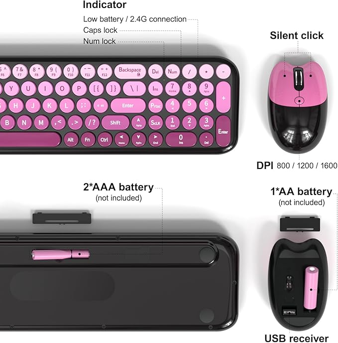 Wireless Keyboard and Mouse Combo, Portable Retro Keyboard with Compact Size, 2 in 1 USB Connected Mouse for Windows 7/8/10, Laptop, Desktop, PC, Computer (Black Pink)
