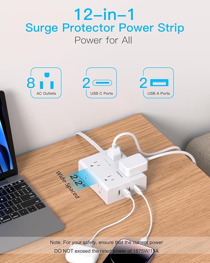 10Ft Extension Cord with Multiple Outlets, Flat Plug Surge Protector Power Strip 10 Ft Long Cord, 8 Outlets & 4 USB Ports (2 USB C), 900J Desk Charging Station for Home Office, College Dorm Essentials