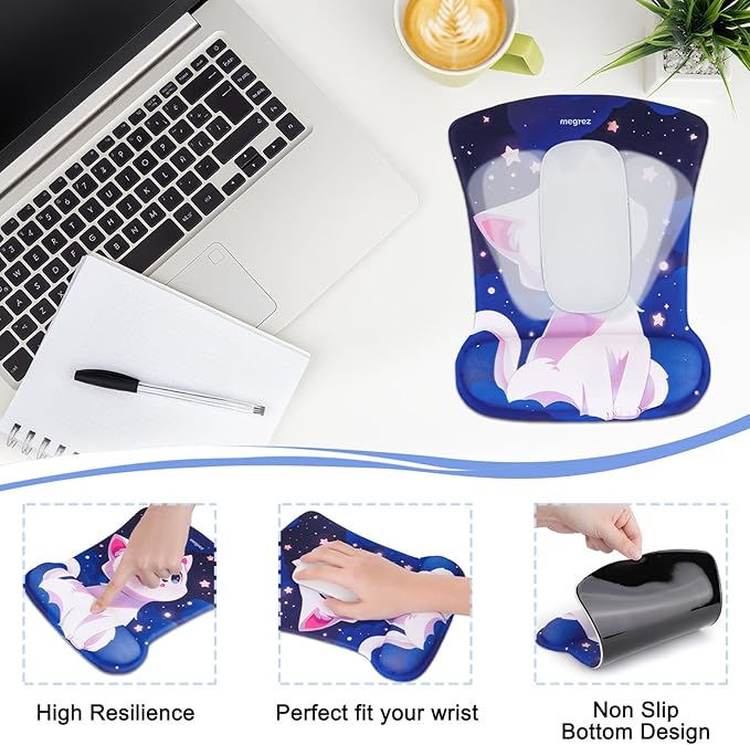 MEGREZ 4-in-1 Ergonomic Memory Foam Wrist Rest Set, Desk Pad, Mouse Pad with Wrist Rest, Keyboard Pad, Suitable for Office Workers, Programmers & Gamers–Relieve Typing & Gaming Fatigue, Blue Purple