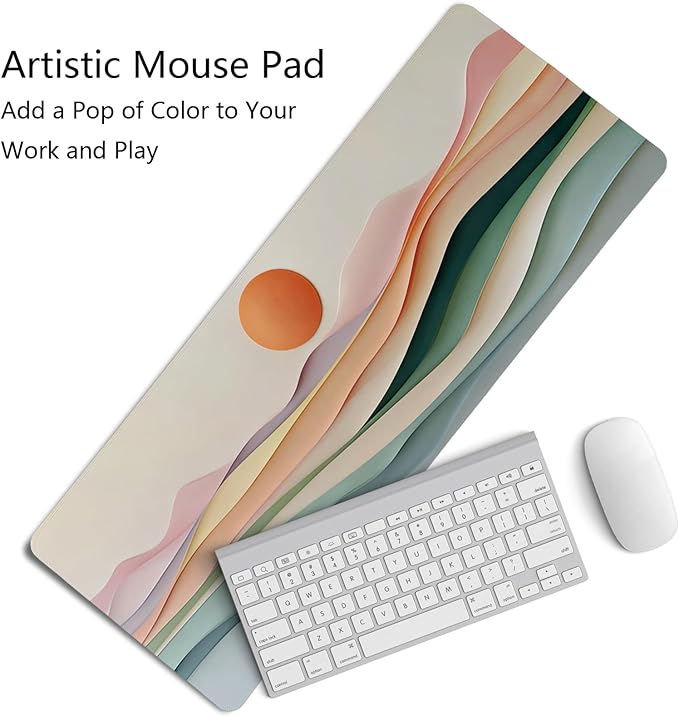 Aesthetic Boho Abstract Sunset Mouse Pad,XL Large Minimalist Pastel Layered Landscape Desk Mat,Summer Sun Mousepad for Home Office Dorm Desktop Decor,31.5x11.8 Inch