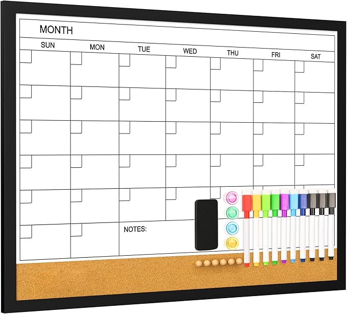 Dry Erase Calendar Cork Board Combo, 18 x 24 Inches Monthly Calendar Whiteboard for Wall, Magnetic White Board with Wood Framed, Hanging Dry Erase Board for Kitchen Home Office School Planner