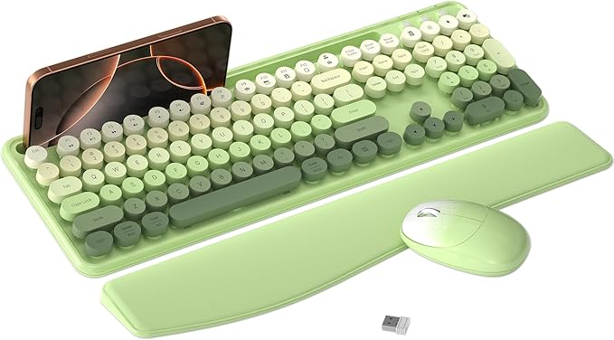 Colorful Wireless Computer Keyboard and Mouse Combo with Phone Holder, Wrist Rest, Typewriter Keys, 2.4GHz Wireless, Full-Sized Optical Mouse for PC and Laptop(Green Colorful)