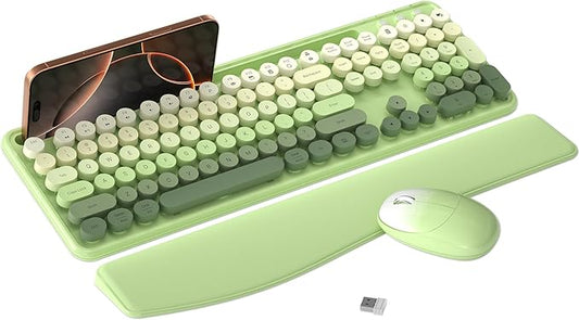 Colorful Wireless Computer Keyboard and Mouse Combo with Phone Holder, Wrist Rest, Typewriter Keys, 2.4GHz Wireless, Full-Sized Optical Mouse for PC and Laptop(Green Colorful)