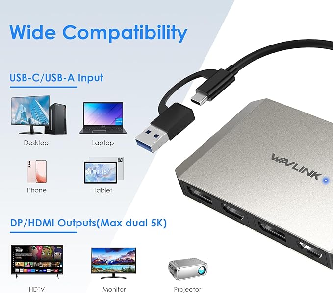 WAVLINK USB C or USB 3.0 to Dual HDMI/DisplayPort Adapter, Displaylink Monitor Splitter Extended Display for Dual Monitor 4K@60Hz, HDMI/DP Splitter Compatible with Mac M1-M5/Neo,Window Laptop-Silver