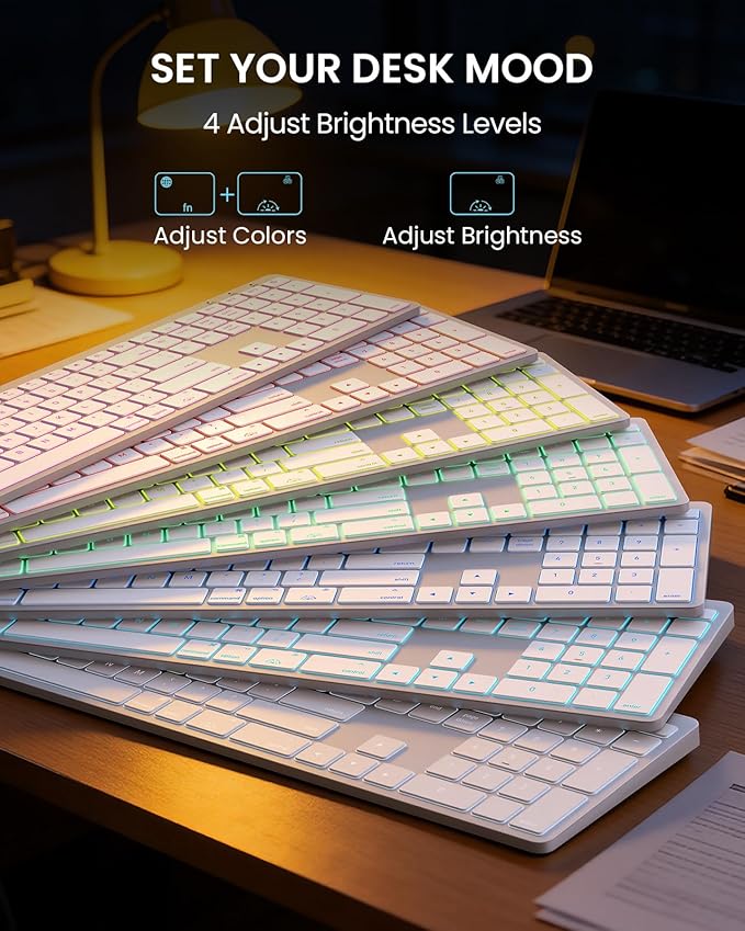 SABLUTE Bluetooth Keyboard and Mouse for Mac — 7-Color Backlit, Multi-Device, Rechargeable, Full-Size Wireless Keyboard Mouse Combo with Quiet Scissor-Switch Keys & Tilt Legs for Mac (Silver White)