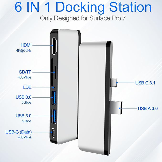 Surface Pro 7 Docking Station, Surface Pro 7 USB Hub with 4K HDMI+ USB C Audio & Data Transfer+ 2 USB 3.0 Ports+ TF/SD Card Slot, Surface Accessories Adapter for Surface Pro 7