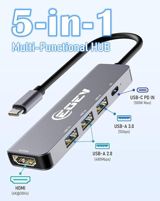 5 in 1 USB C Hub Multi-Port Adapter USB A 3.0 5Gbps Data Ports, 2X USB A 2.0 with PD 100W Charging, Type-C to HDMI Adapter 4K@30Hz Data Ports for PC, Desktop, Mac Book Air pro Dell and More (Silver)