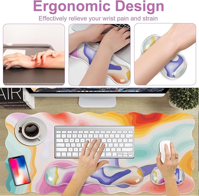 L-SPOUTTO Topographic Mouse Pad Set,Abstract Scalloped XXL Desk Mat + Ergonomic Mouse Wrist Rest +Gel Keyboard Wrist Rest for Keyboard 65%/75%,3in1 Large Desk Pad for Desktop Home Office Computer Game